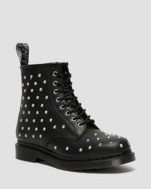 Dr Martens 1460 Stud Wanama Lær Blonder Up Boots Støvletter Herre Svarte | FDPLQ8402