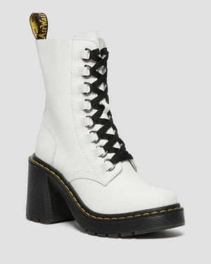 Dr Martens Chesney Lær Flared Heel Blonder Up Boots Støvler Med Hæl Dame Hvite | EKXNG9143